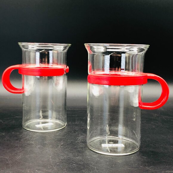 80s Bodum Denmark Red Round Handles Tall Coffee Cup PAIR Vintage Retro Kitchen - Picture 1 of 10